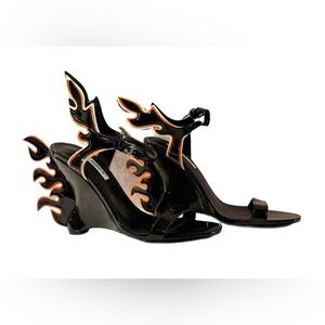 Dolls Kill Cape Robbin Black Orange Hell Flame Wedge Heel Sz 6.5 Patent Goth NWT